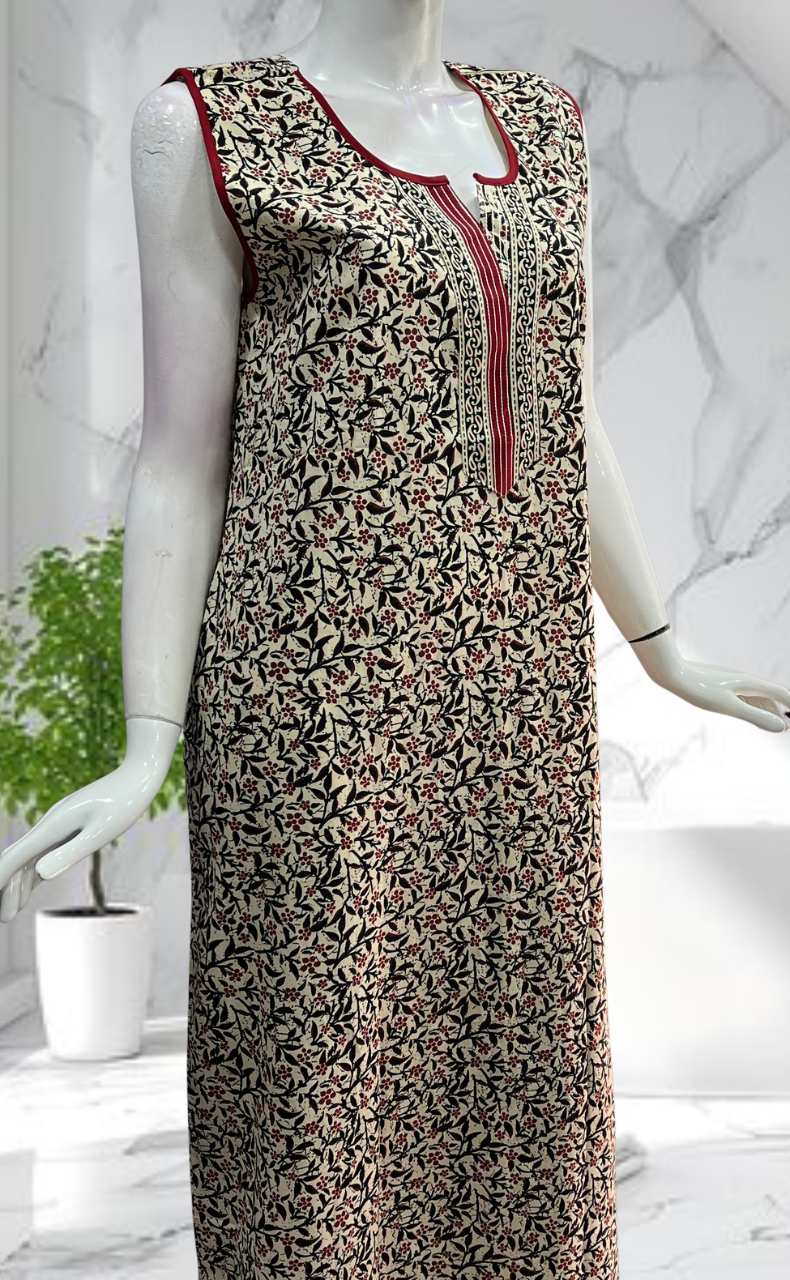 Off White Garden Sleeveless Pure Cotton Nighty. Pure Durable Cotton | Laces and Frills - Laces and Frills