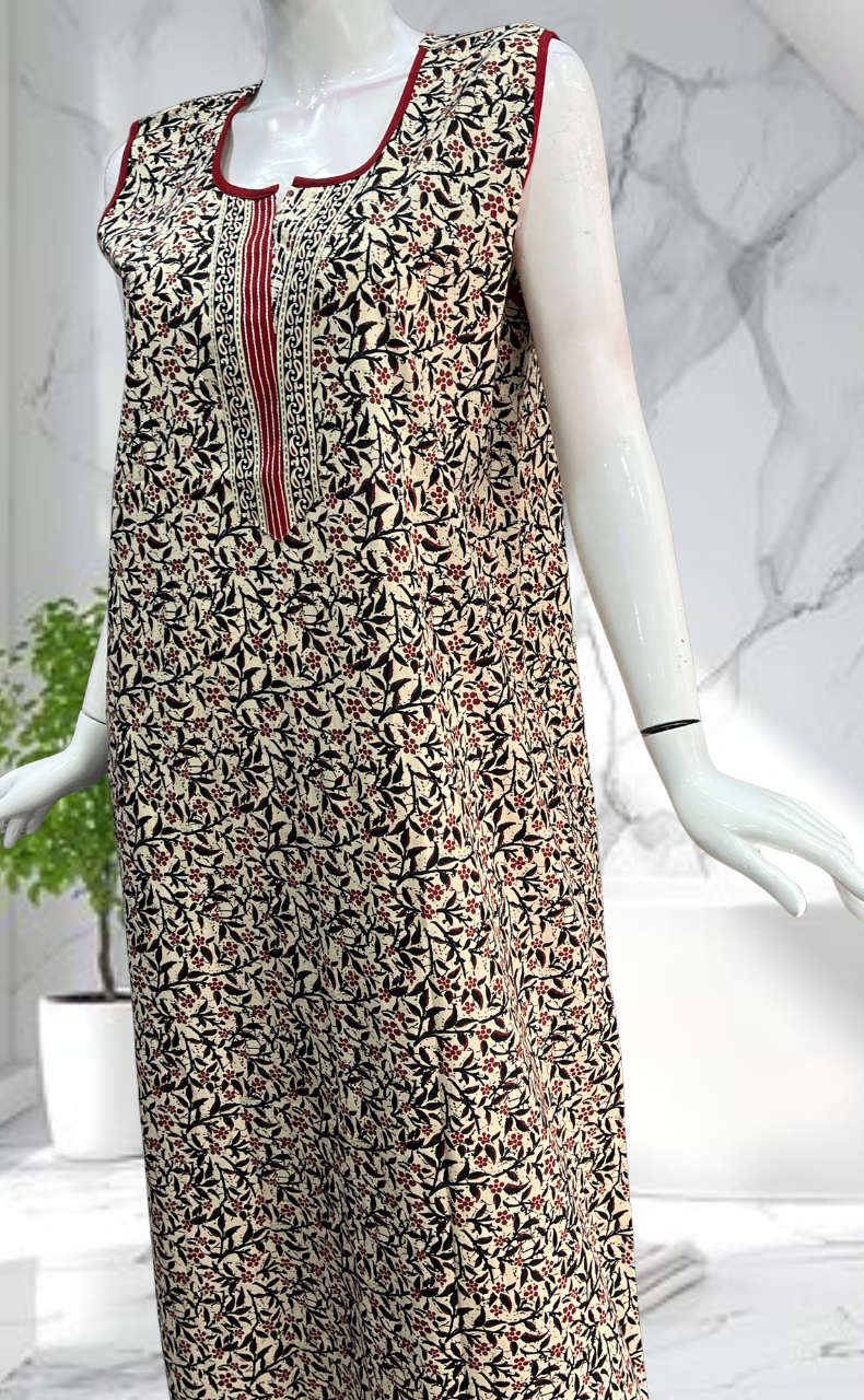 Off White Garden Sleeveless Pure Cotton Nighty. Pure Durable Cotton | Laces and Frills - Laces and Frills
