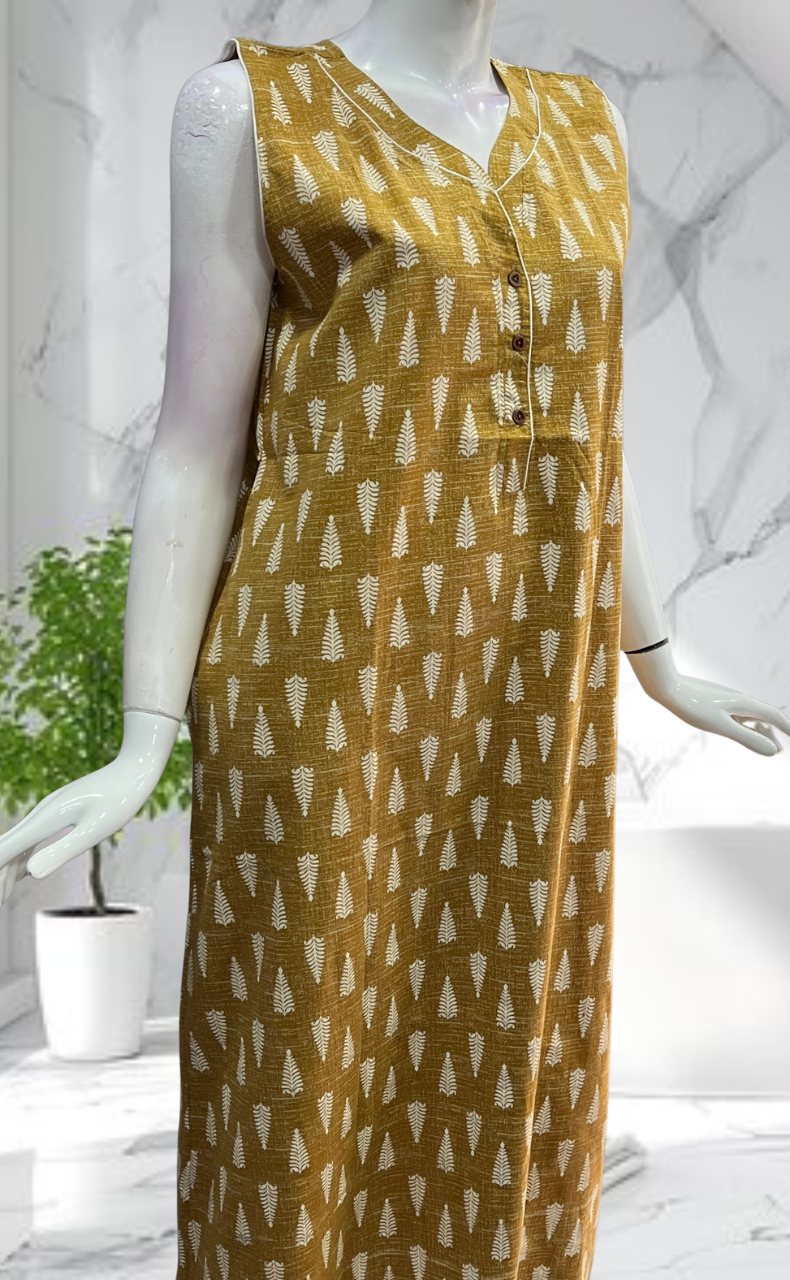 Mustard Leafy Sleeveless Pure Cotton Nighty. Pure Durable Cotton | Laces and Frills - Laces and Frills