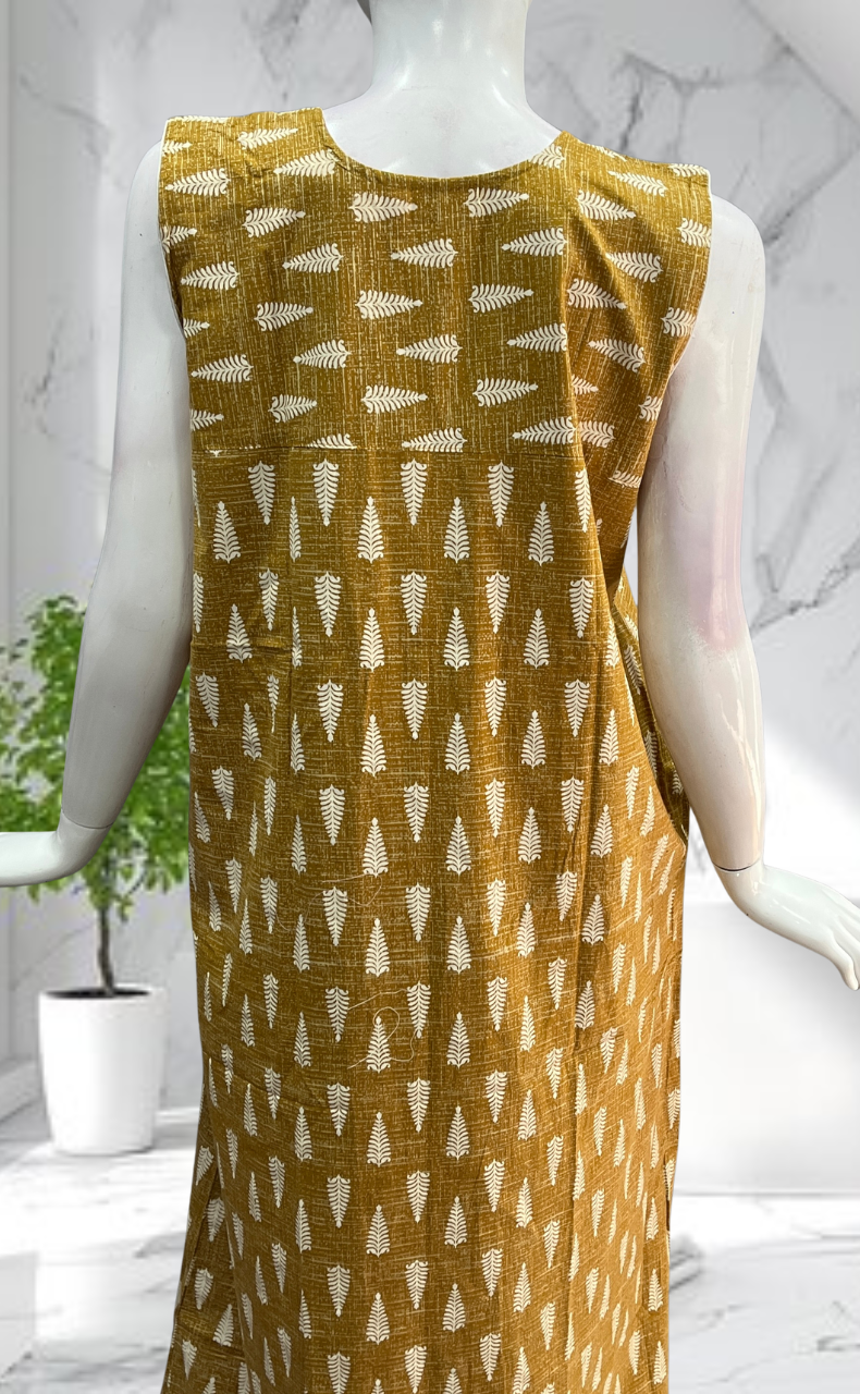 Mustard Leafy Sleeveless Pure Cotton Nighty. Pure Durable Cotton | Laces and Frills - Laces and Frills