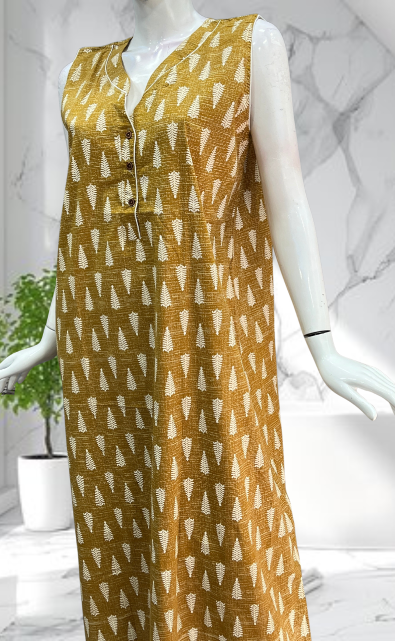 Mustard Leafy Sleeveless Pure Cotton Nighty. Pure Durable Cotton | Laces and Frills - Laces and Frills