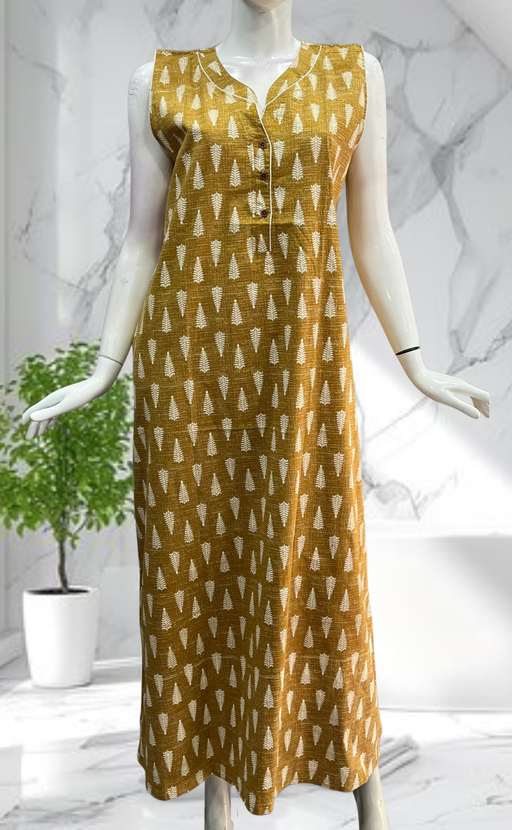 Mustard Leafy Sleeveless Pure Cotton Nighty. Pure Durable Cotton | Laces and Frills - Laces and Frills