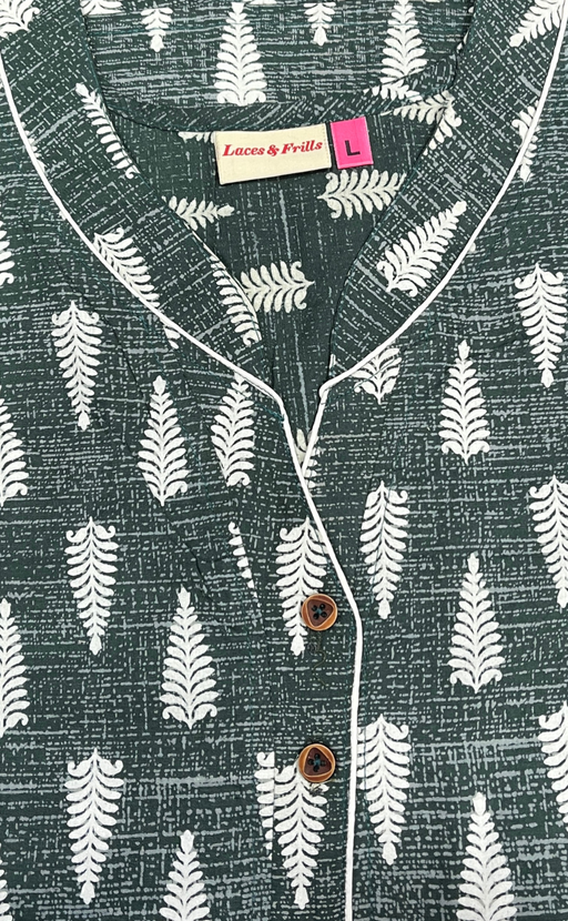 Dark Green Leafy Sleeveless Pure Cotton Nighty. Pure Durable Cotton | Laces and Frills - Laces and Frills