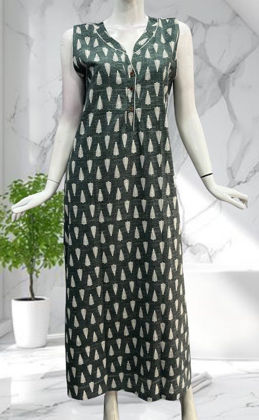 Dark Green Leafy Sleeveless Pure Cotton Nighty. Pure Durable Cotton | Laces and Frills - Laces and Frills