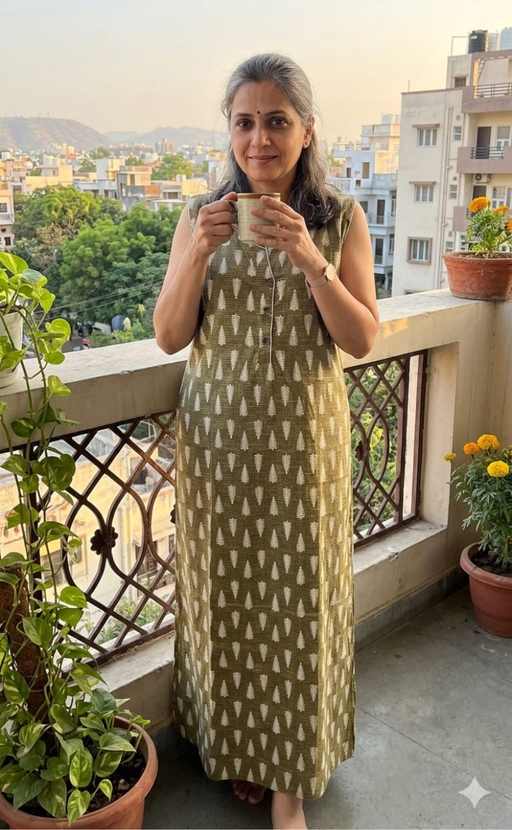 Mehndi Green Leafy Sleeveless Pure Cotton Nighty. Pure Durable Cotton | Laces and Frills - Laces and Frills