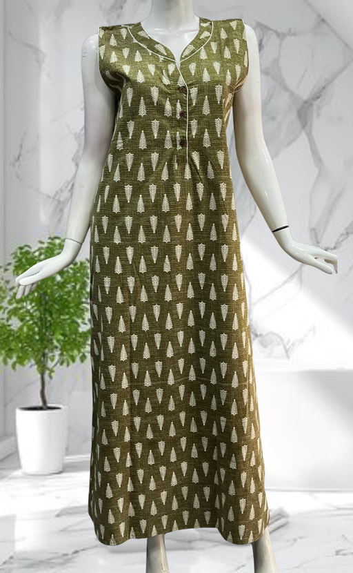 Mehndi Green Leafy Sleeveless Pure Cotton Nighty. Pure Durable Cotton | Laces and Frills - Laces and Frills