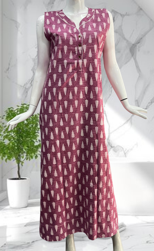 Pink Leafy Sleeveless Pure Cotton Nighty. Pure Durable Cotton | Laces and Frills - Laces and Frills