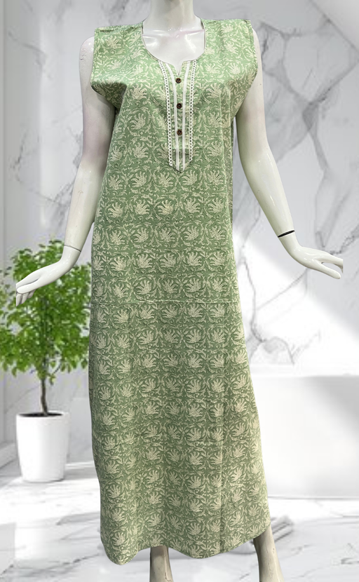 Pista Green Garden Sleeveless Pure Cotton Nighty. Pure Durable Cotton | Laces and Frills - Laces and Frills