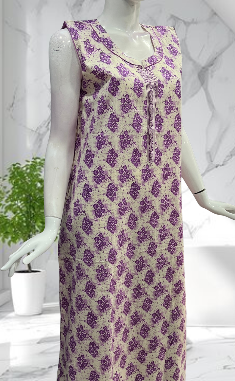 Violet Garden Sleeveless Pure Cotton Nighty. Pure Durable Cotton | Laces and Frills - Laces and Frills