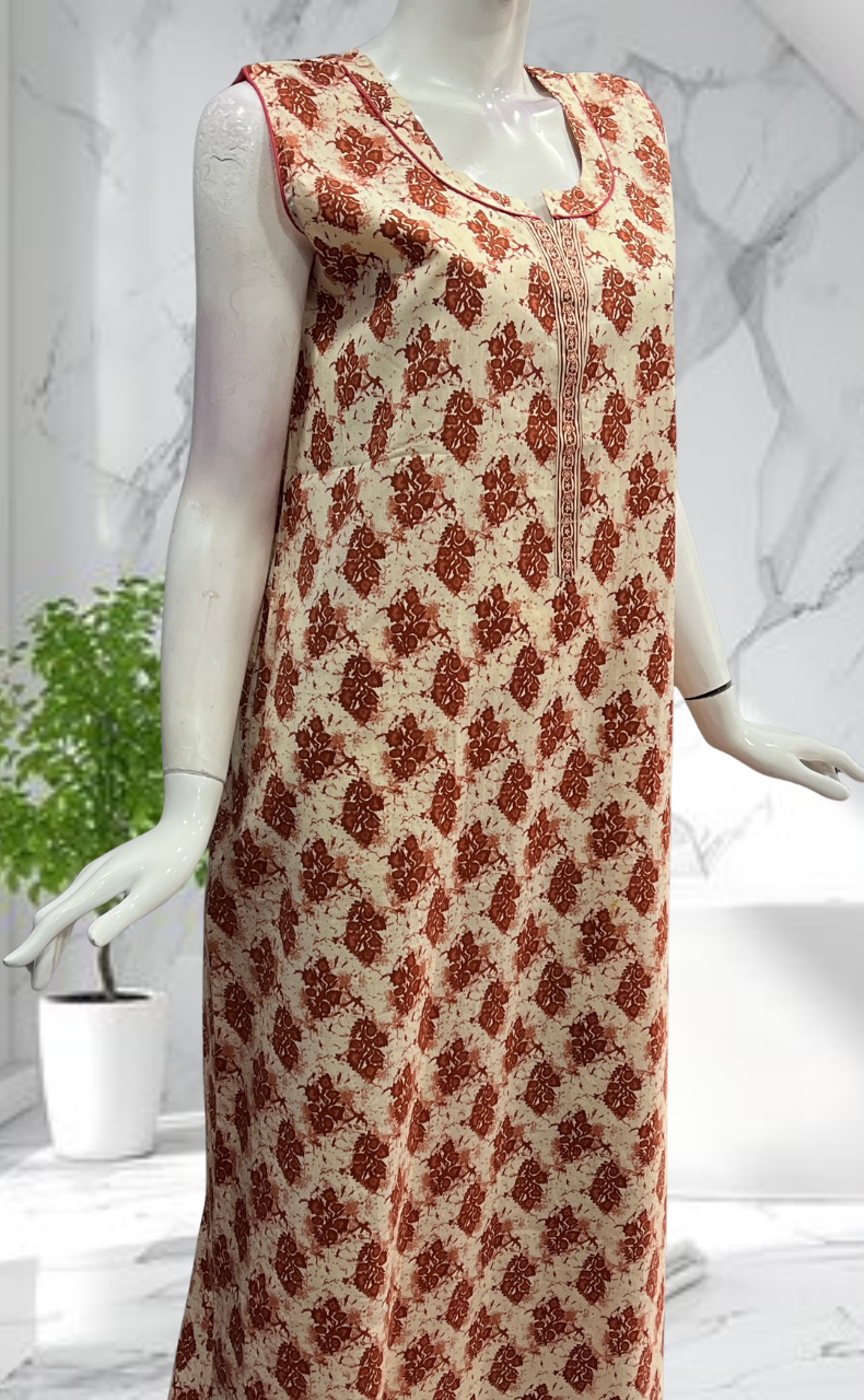 Rust Maroon Garden Sleeveless Pure Cotton Nighty. Pure Durable Cotton | Laces and Frills - Laces and Frills