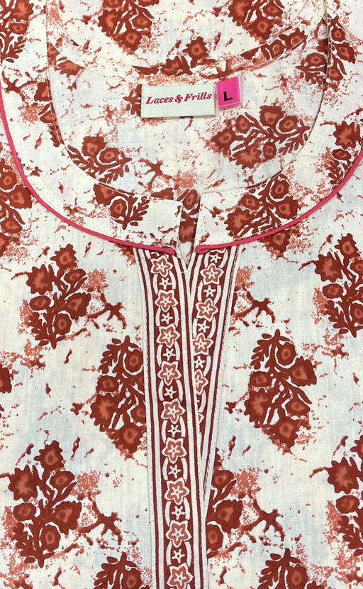 Rust Maroon Garden Sleeveless Pure Cotton Nighty. Pure Durable Cotton | Laces and Frills - Laces and Frills