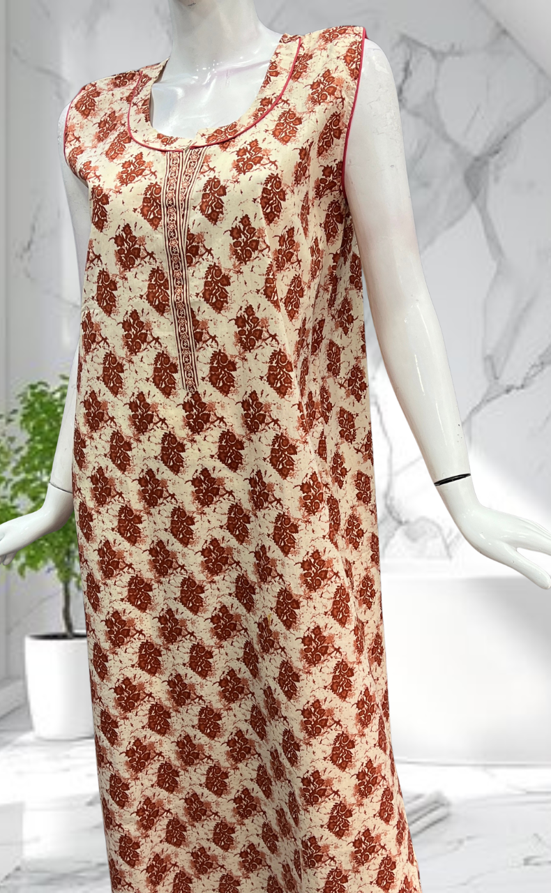 Rust Maroon Garden Sleeveless Pure Cotton Nighty. Pure Durable Cotton | Laces and Frills - Laces and Frills