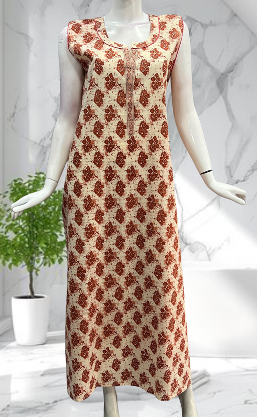 Rust Maroon Garden Sleeveless Pure Cotton Nighty. Pure Durable Cotton | Laces and Frills - Laces and Frills