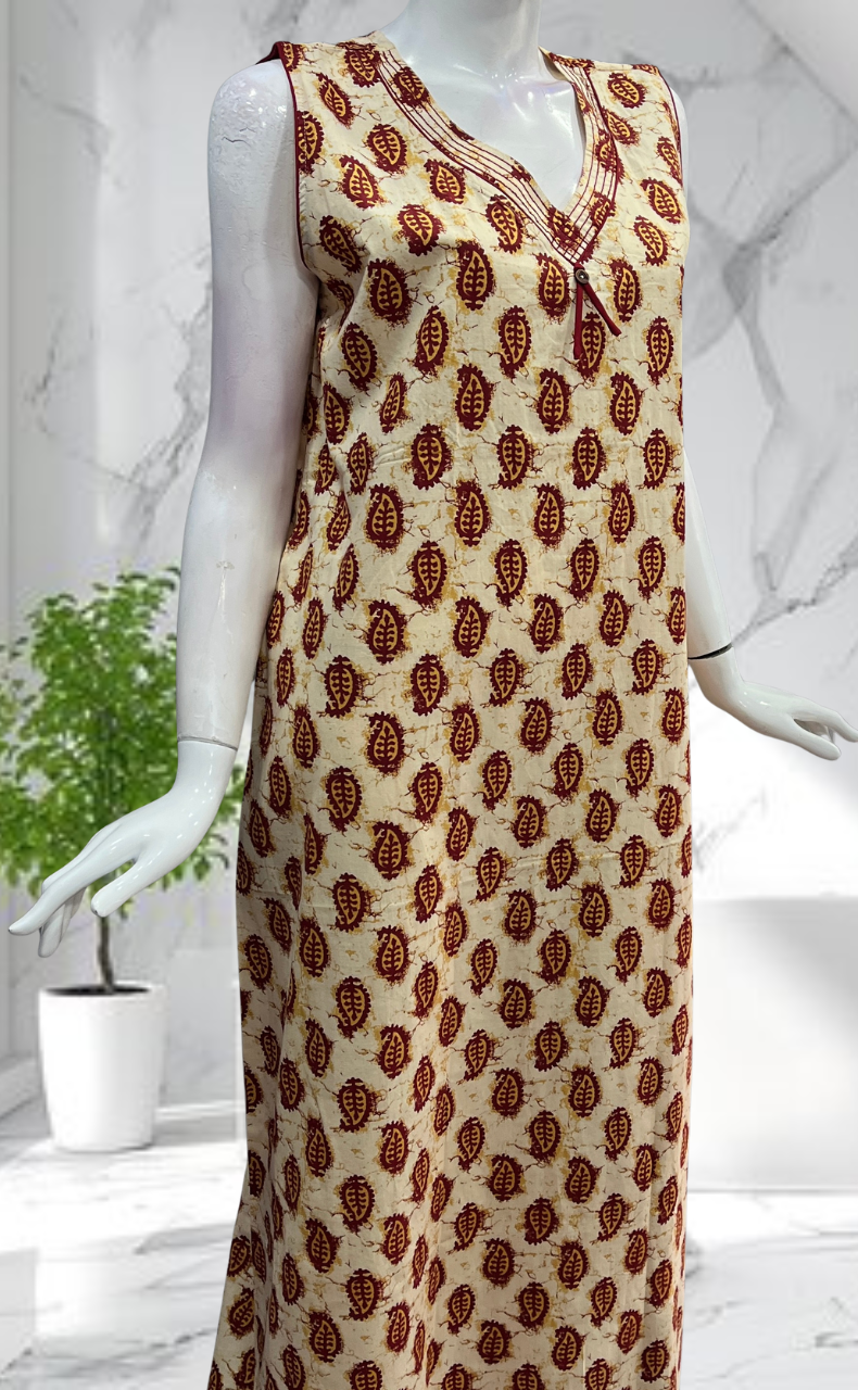 Maroon Paisley Print Sleeveless Pure Cotton Nighty. Pure Durable Cotton | Laces and Frills - Laces and Frills
