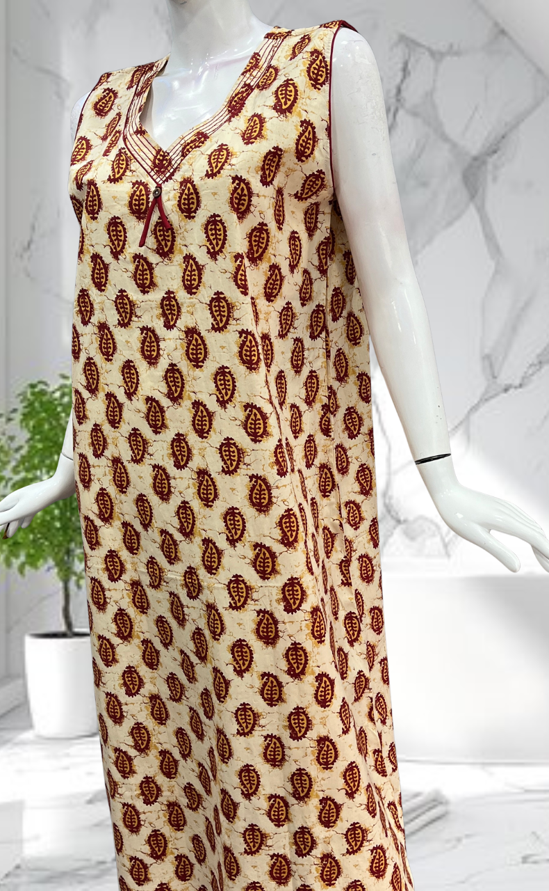 Maroon Paisley Print Sleeveless Pure Cotton Nighty. Pure Durable Cotton | Laces and Frills - Laces and Frills