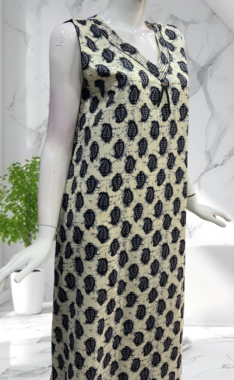 Black Paisley Print Sleeveless Pure Cotton Nighty. Pure Durable Cotton | Laces and Frills - Laces and Frills