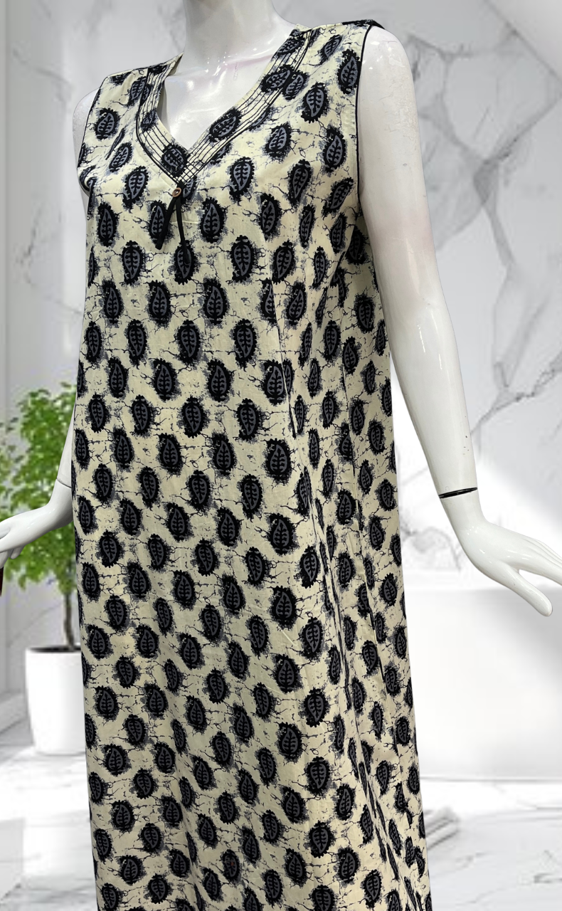 Black Paisley Print Sleeveless Pure Cotton Nighty. Pure Durable Cotton | Laces and Frills - Laces and Frills