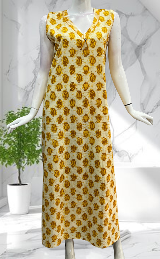 Yellow Paisley Print Sleeveless Pure Cotton Nighty. Pure Durable Cotton | Laces and Frills - Laces and Frills