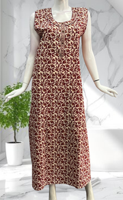 Maroon Garden Sleeveless Pure Cotton Nighty. Pure Durable Cotton | Laces and Frills - Laces and Frills