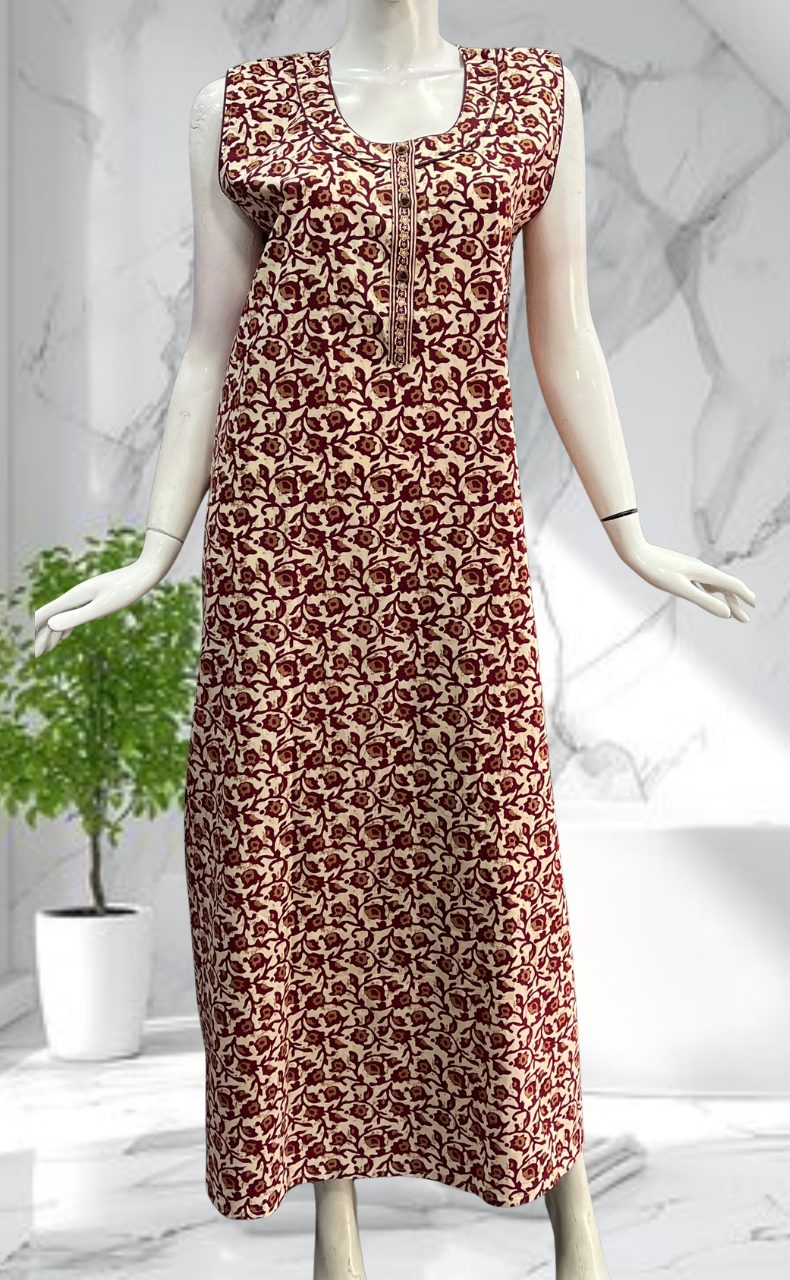 Maroon Garden Sleeveless Pure Cotton Nighty. Pure Durable Cotton | Laces and Frills - Laces and Frills