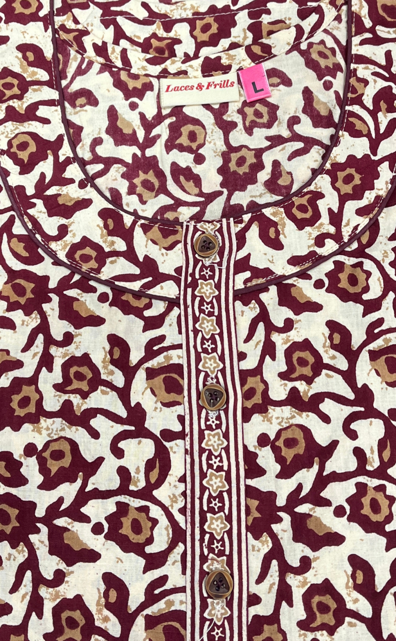 Maroon Garden Sleeveless Pure Cotton Nighty. Pure Durable Cotton | Laces and Frills - Laces and Frills