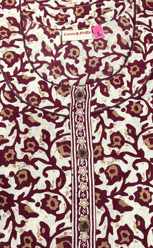 Maroon Garden Sleeveless Pure Cotton Nighty. Pure Durable Cotton | Laces and Frills - Laces and Frills
