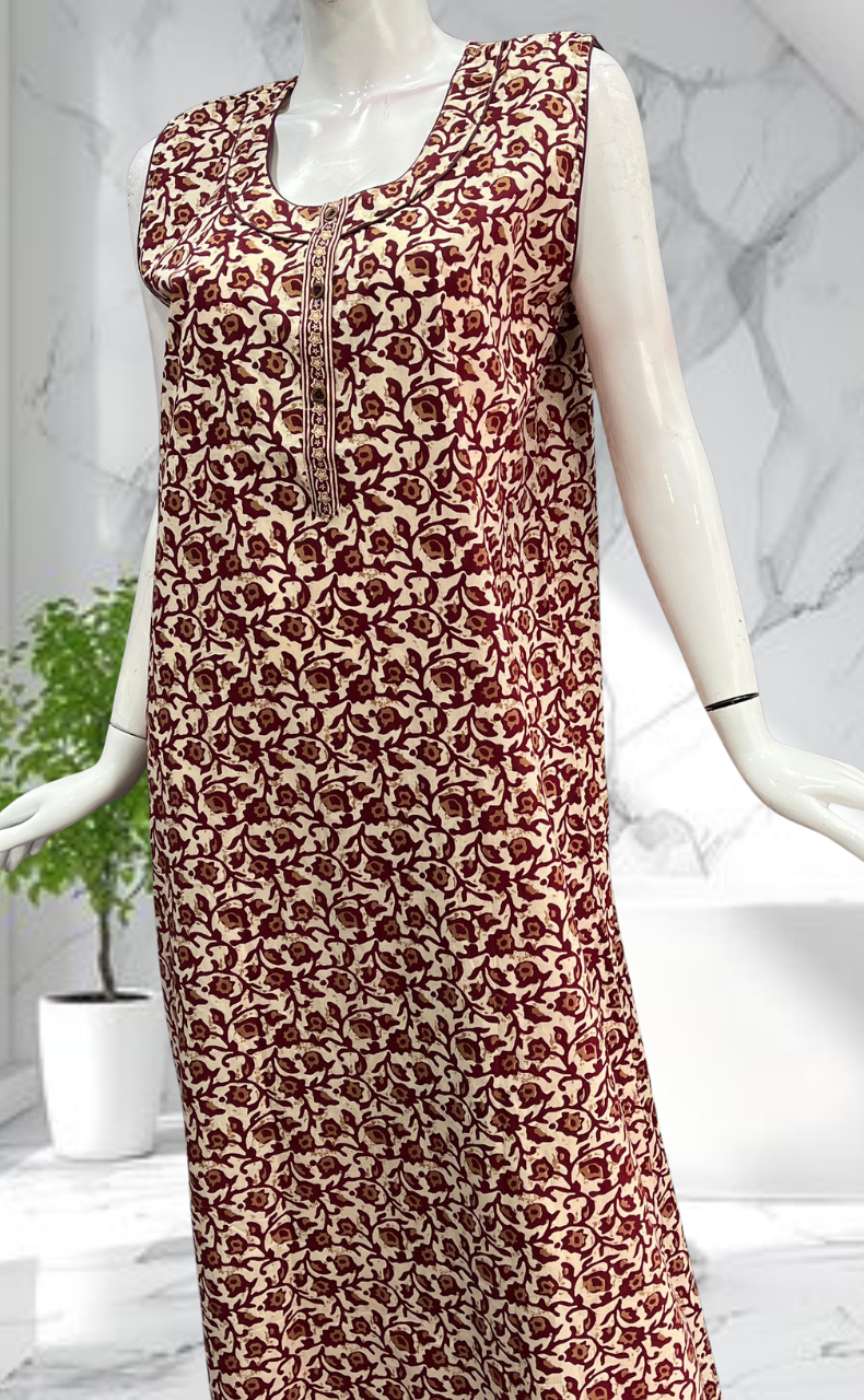 Maroon Garden Sleeveless Pure Cotton Nighty. Pure Durable Cotton | Laces and Frills - Laces and Frills