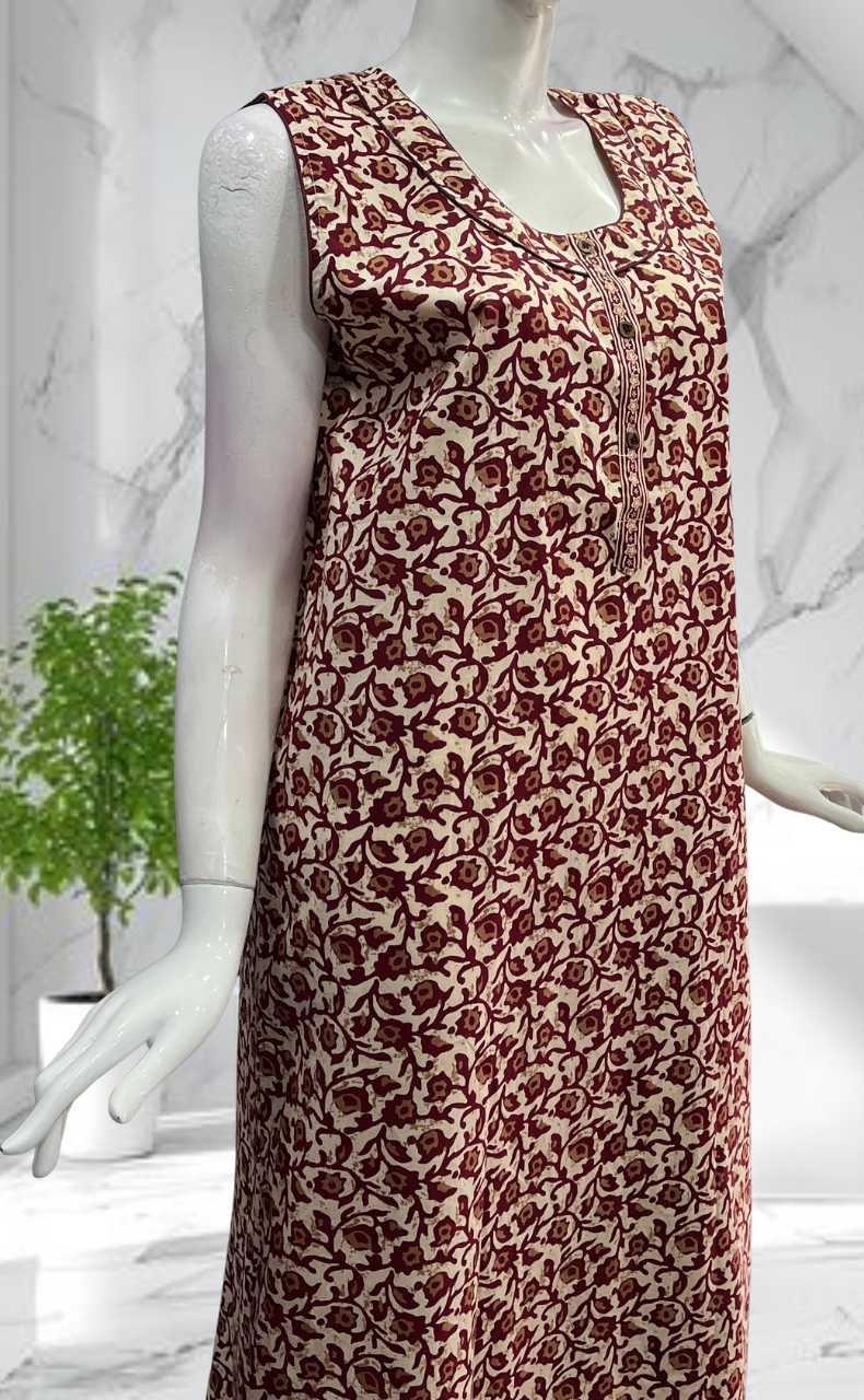 Maroon Garden Sleeveless Pure Cotton Nighty. Pure Durable Cotton | Laces and Frills - Laces and Frills
