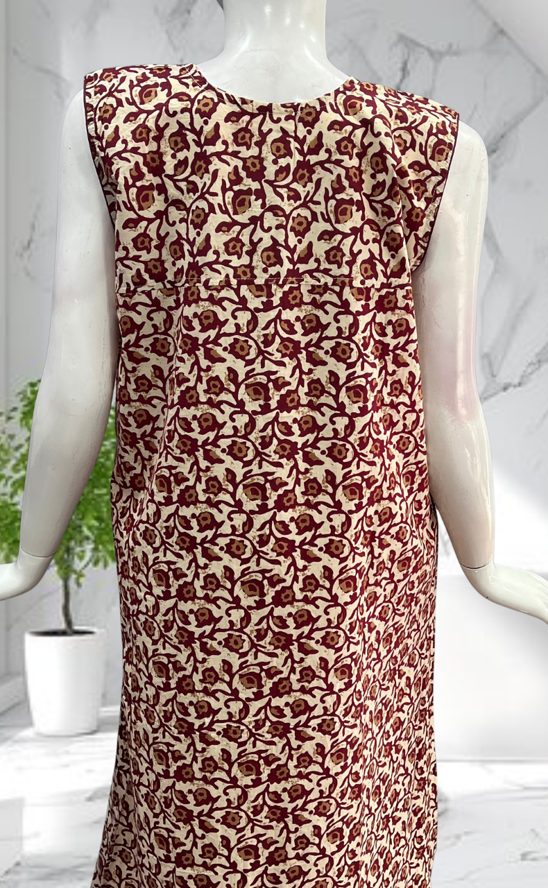 Maroon Garden Sleeveless Pure Cotton Nighty. Pure Durable Cotton | Laces and Frills - Laces and Frills