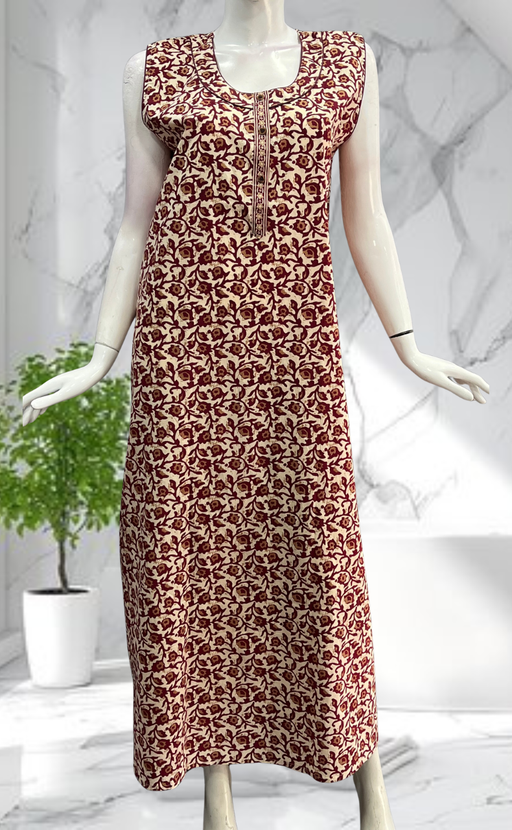 Maroon Garden Sleeveless Pure Cotton Nighty. Pure Durable Cotton | Laces and Frills - Laces and Frills