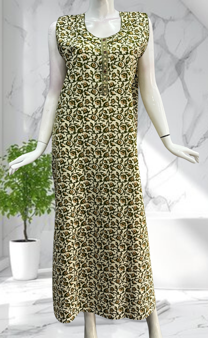 Green Garden Sleeveless Pure Cotton Nighty. Pure Durable Cotton | Laces and Frills - Laces and Frills