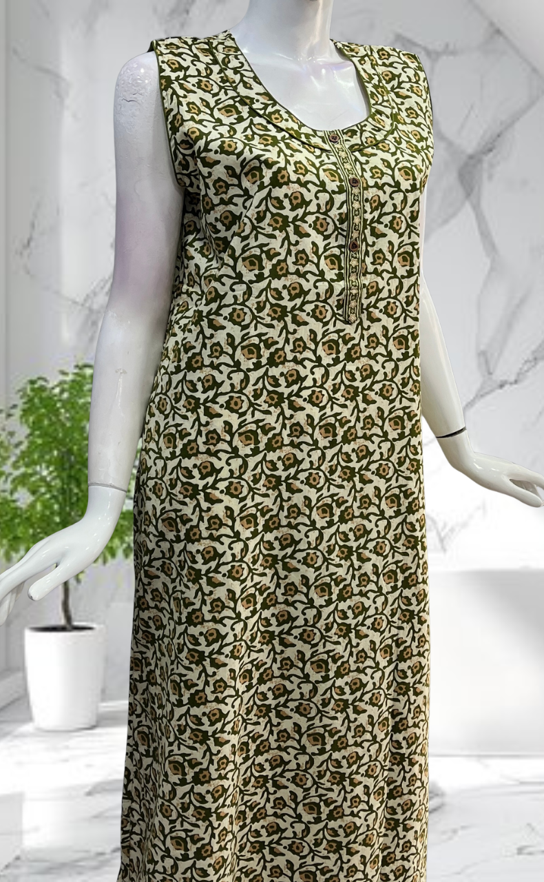Green Garden Sleeveless Pure Cotton Nighty. Pure Durable Cotton | Laces and Frills - Laces and Frills