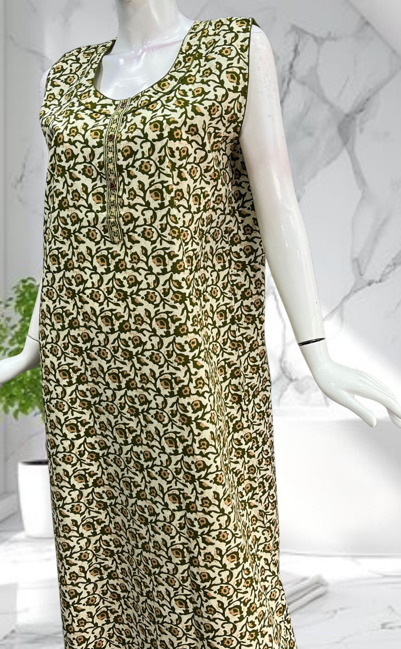 Green Garden Sleeveless Pure Cotton Nighty. Pure Durable Cotton | Laces and Frills - Laces and Frills