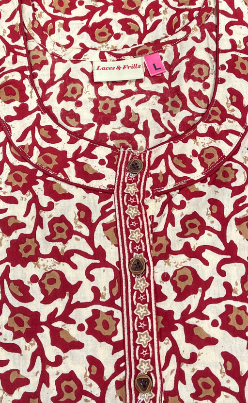 Red Garden Sleeveless Pure Cotton Nighty. Pure Durable Cotton | Laces and Frills - Laces and Frills