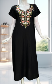 Black Parsi Embroidery Soft Cotton Nighty. Soft Breathable Fabric | Laces and Frills - Laces and Frills