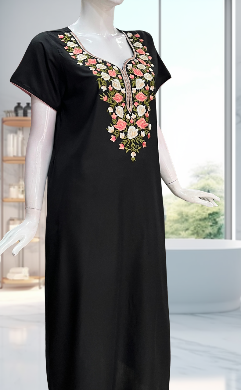Black Parsi Embroidery Soft Cotton Nighty. Soft Breathable Fabric | Laces and Frills - Laces and Frills