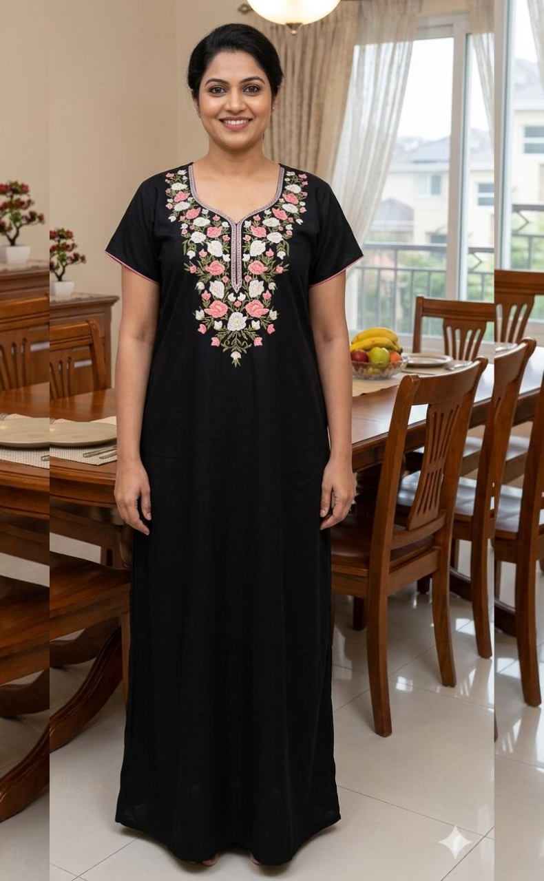 Black Parsi Embroidery Soft Cotton Nighty. Soft Breathable Fabric | Laces and Frills - Laces and Frills