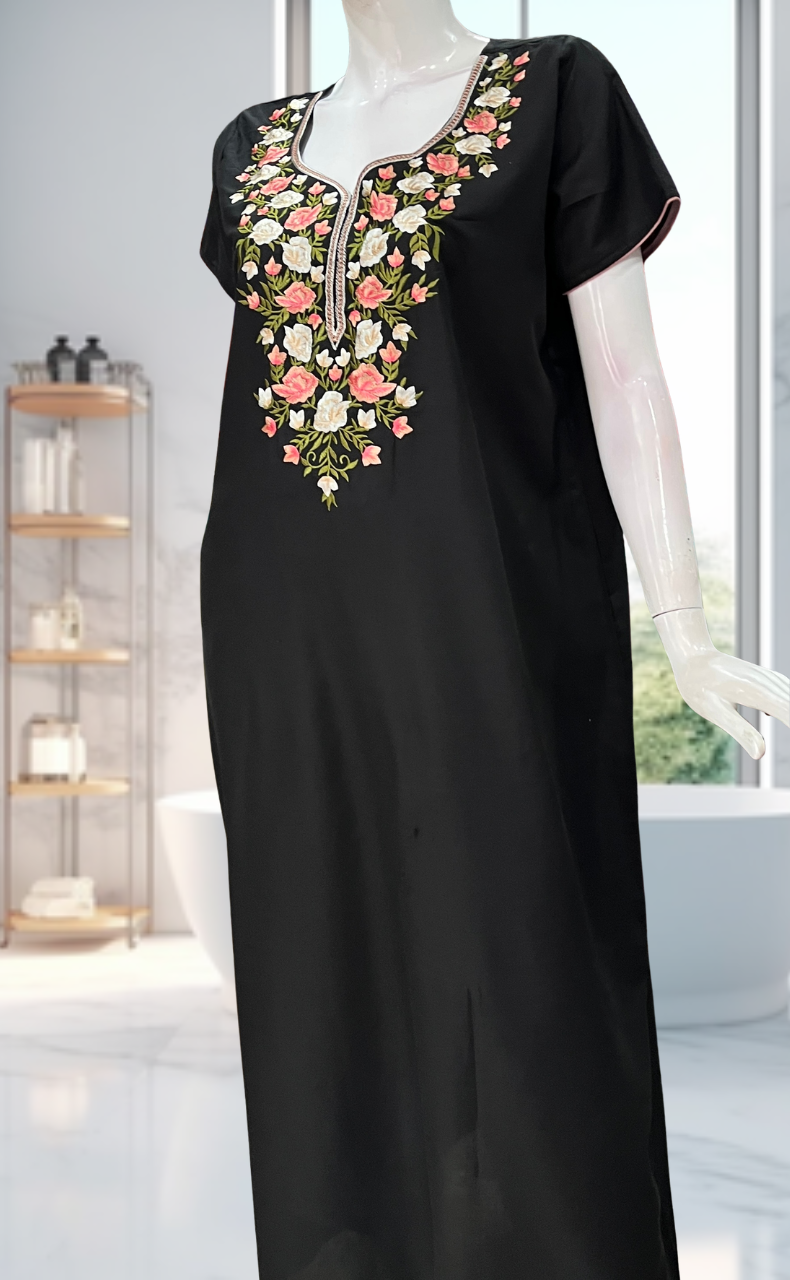 Black Parsi Embroidery Soft Cotton Nighty. Soft Breathable Fabric | Laces and Frills - Laces and Frills