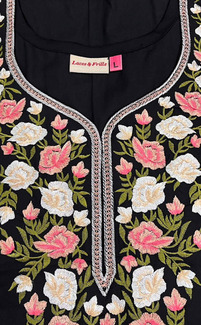 Black Parsi Embroidery Soft Cotton Nighty. Soft Breathable Fabric | Laces and Frills - Laces and Frills