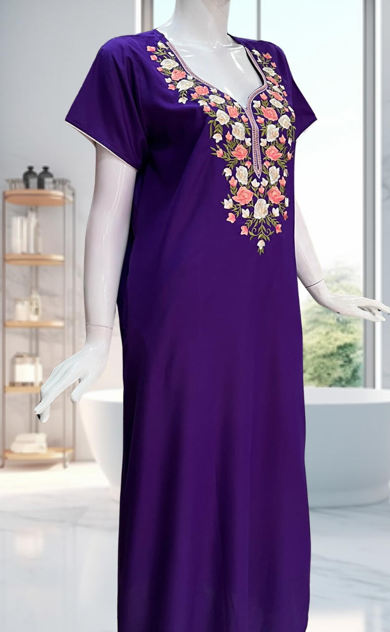 Violet Parsi Embroidery Soft Cotton Nighty. Soft Breathable Fabric | Laces and Frills - Laces and Frills