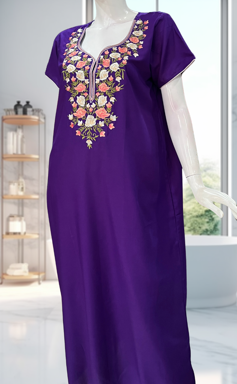 Violet Parsi Embroidery Soft Cotton Nighty. Soft Breathable Fabric | Laces and Frills - Laces and Frills