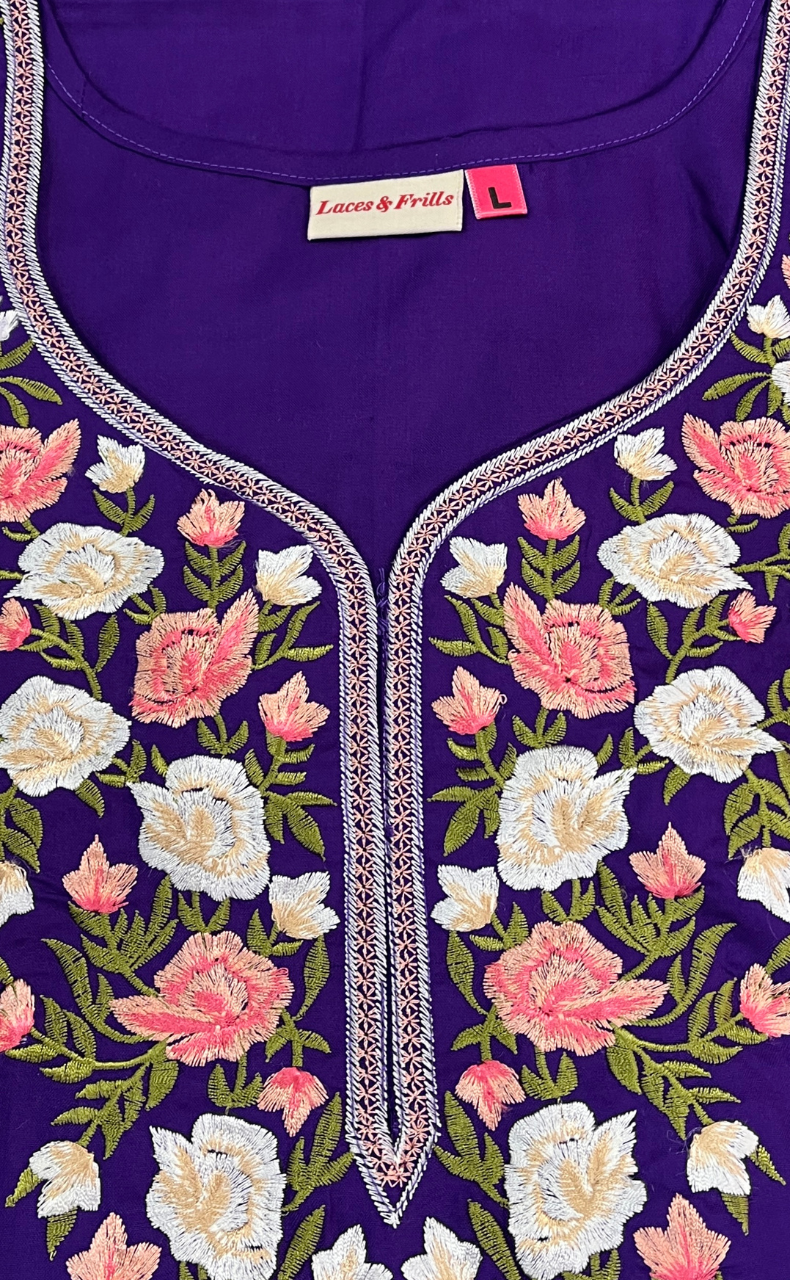 Violet Parsi Embroidery Soft Cotton Nighty. Soft Breathable Fabric | Laces and Frills - Laces and Frills