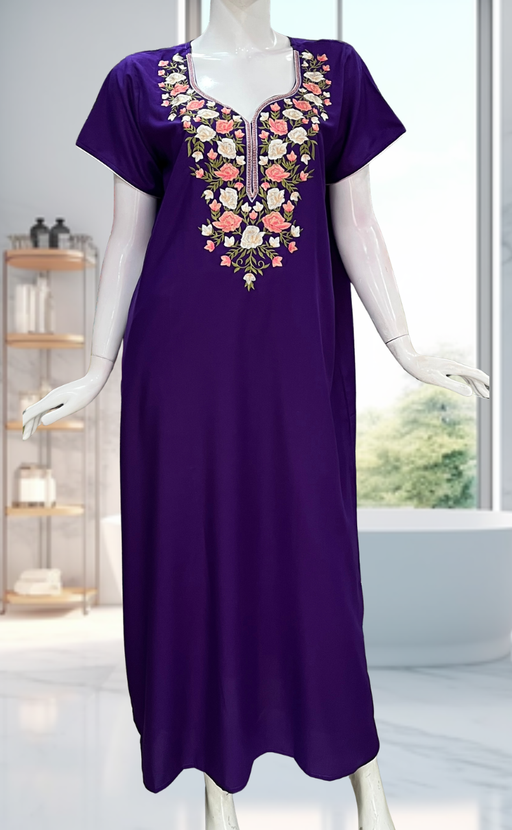 Violet Parsi Embroidery Soft Cotton Nighty. Soft Breathable Fabric | Laces and Frills - Laces and Frills