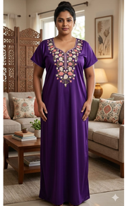 Violet Parsi Embroidery Soft Cotton Nighty. Soft Breathable Fabric | Laces and Frills - Laces and Frills