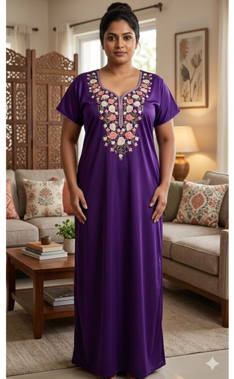 Violet Parsi Embroidery Soft Cotton Nighty. Soft Breathable Fabric | Laces and Frills - Laces and Frills