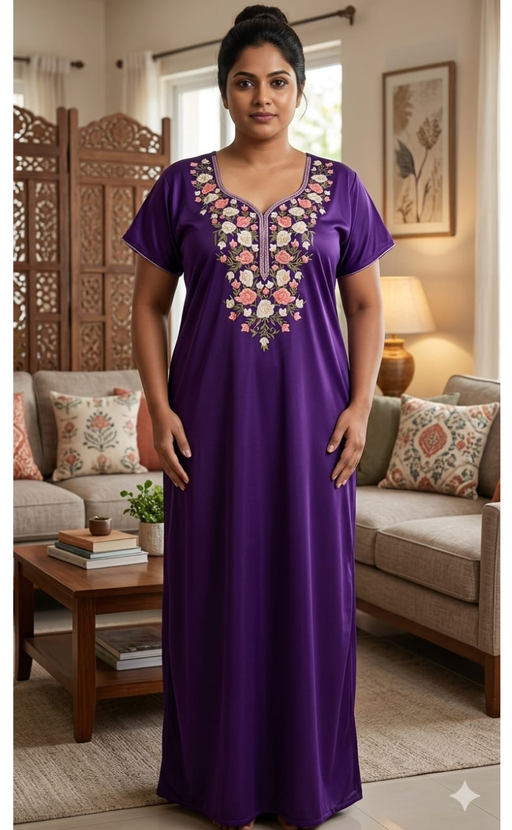 Violet Parsi Embroidery Soft Cotton Nighty. Soft Breathable Fabric | Laces and Frills - Laces and Frills