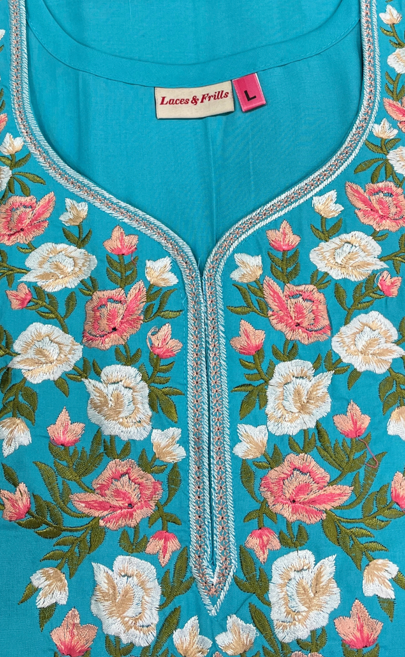 Sea Green Parsi Embroidery Soft Cotton Nighty. Soft Breathable Fabric | Laces and Frills - Laces and Frills