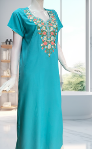 Sea Green Parsi Embroidery Soft Cotton Nighty. Soft Breathable Fabric | Laces and Frills - Laces and Frills
