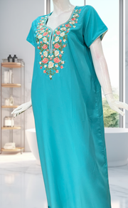 Sea Green Parsi Embroidery Soft Cotton Nighty. Soft Breathable Fabric | Laces and Frills - Laces and Frills