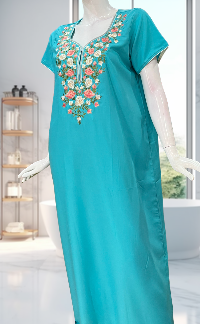 Sea Green Parsi Embroidery Soft Cotton Nighty. Soft Breathable Fabric | Laces and Frills - Laces and Frills